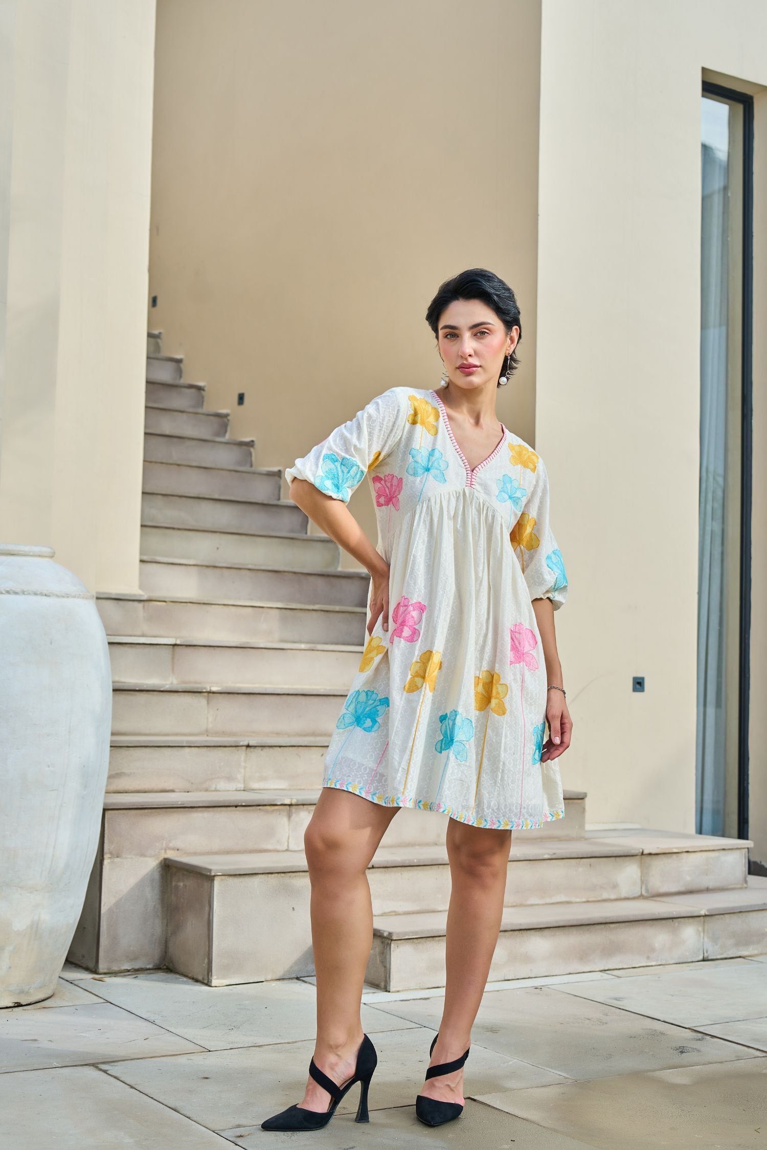 Elegant Tunic Featuring Vibrant Mix-Color Floral Embroidery