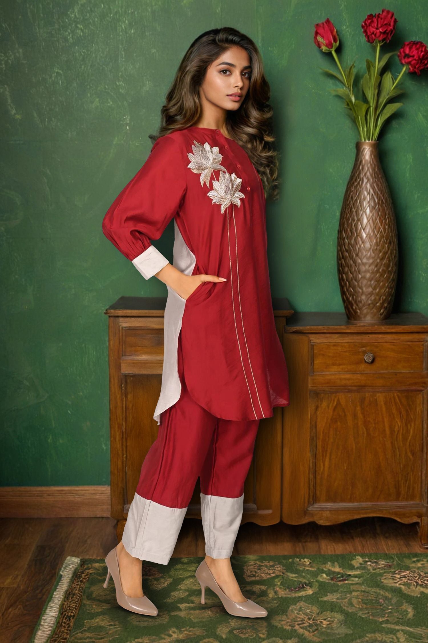 Elegant Maroon Cord Set Featuring Beautiful Flower Patch Detailing