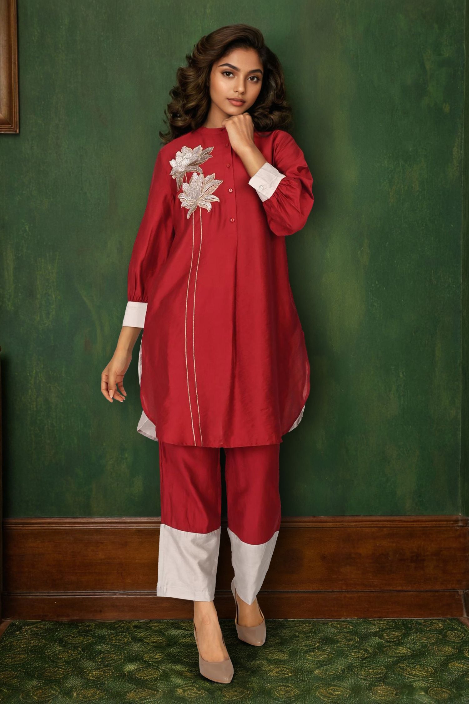 Elegant Maroon Cord Set Featuring Beautiful Flower Patch Detailing