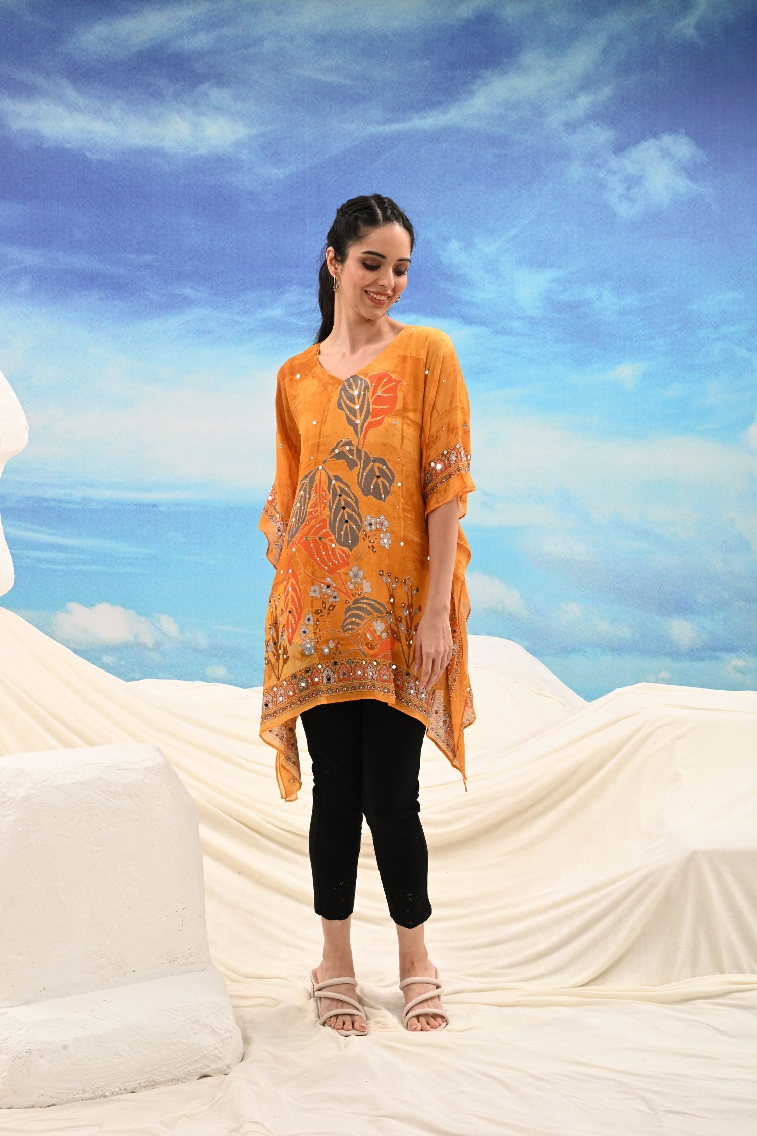 Mustard Mirror Work Embroidered Short Kaftan