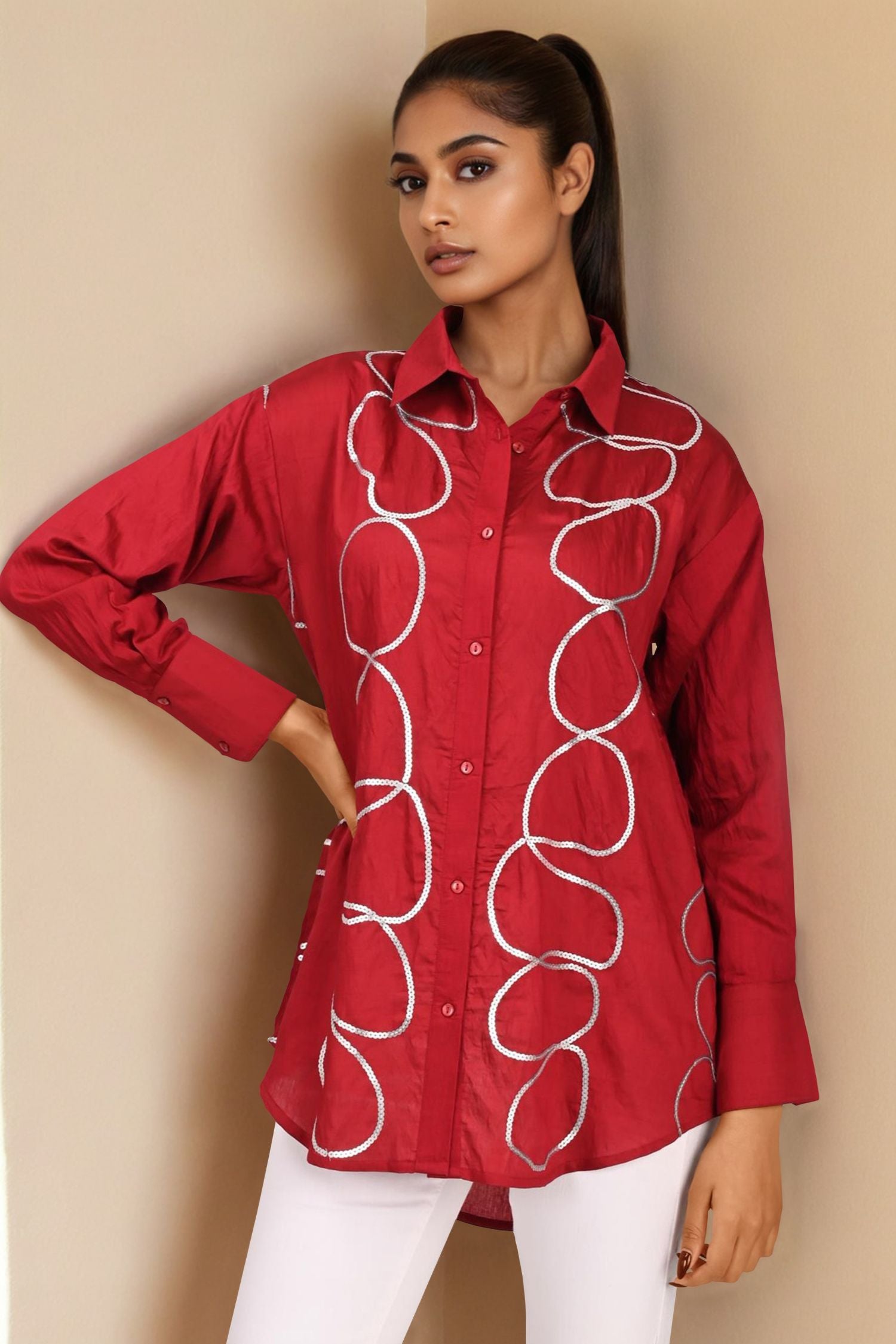 Maroon Full-Sleeve Shirt with Elegant Golden Stripes