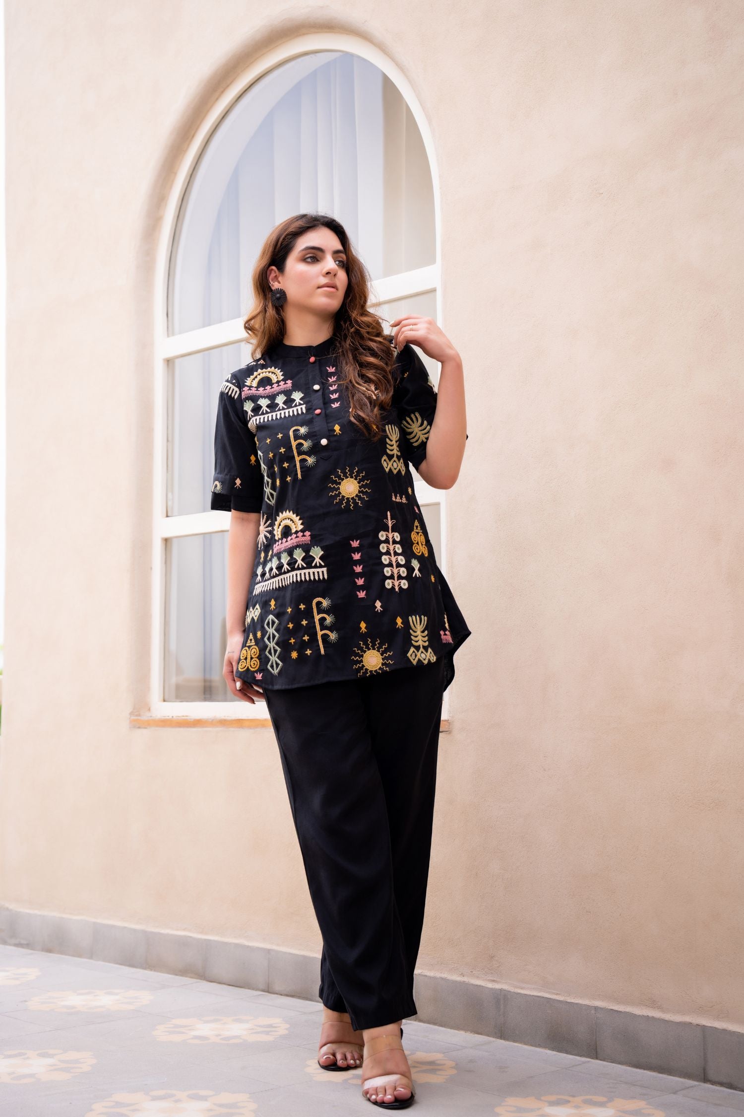 Black Cord Set with Elegant Thread Work and High-Low Top