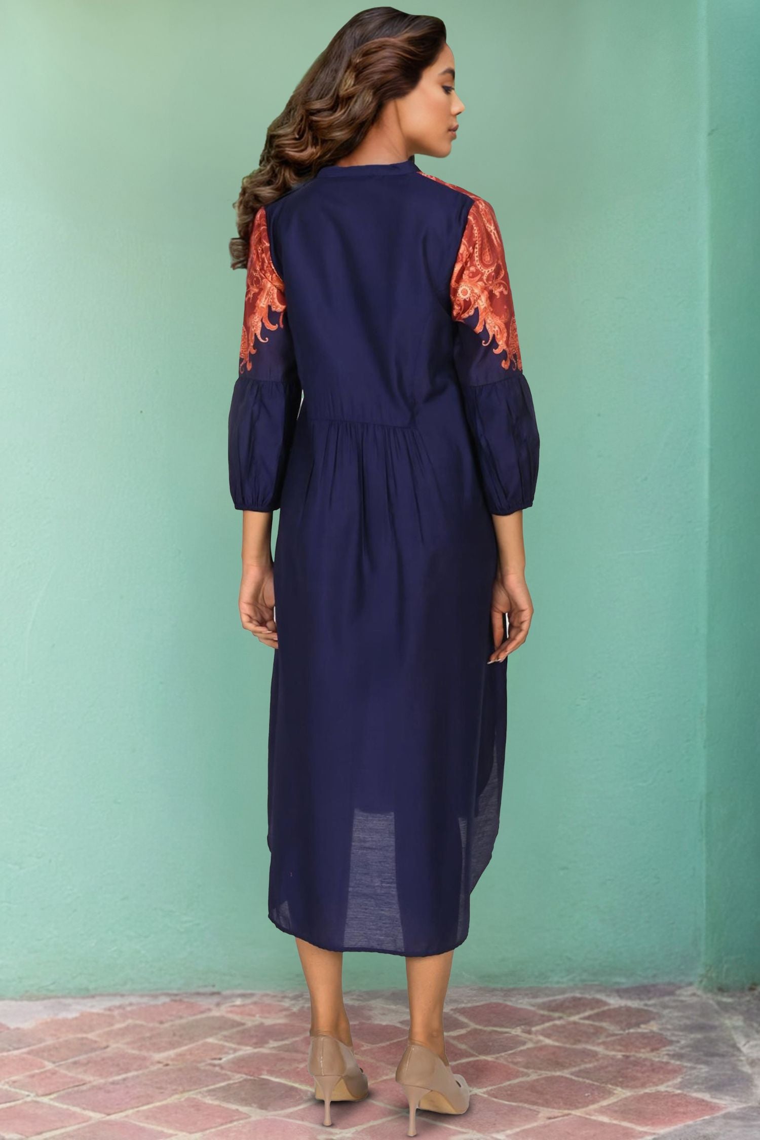 Navy Blue Long Dress Featuring 3/4th Sleeves and Detailed Neck Print