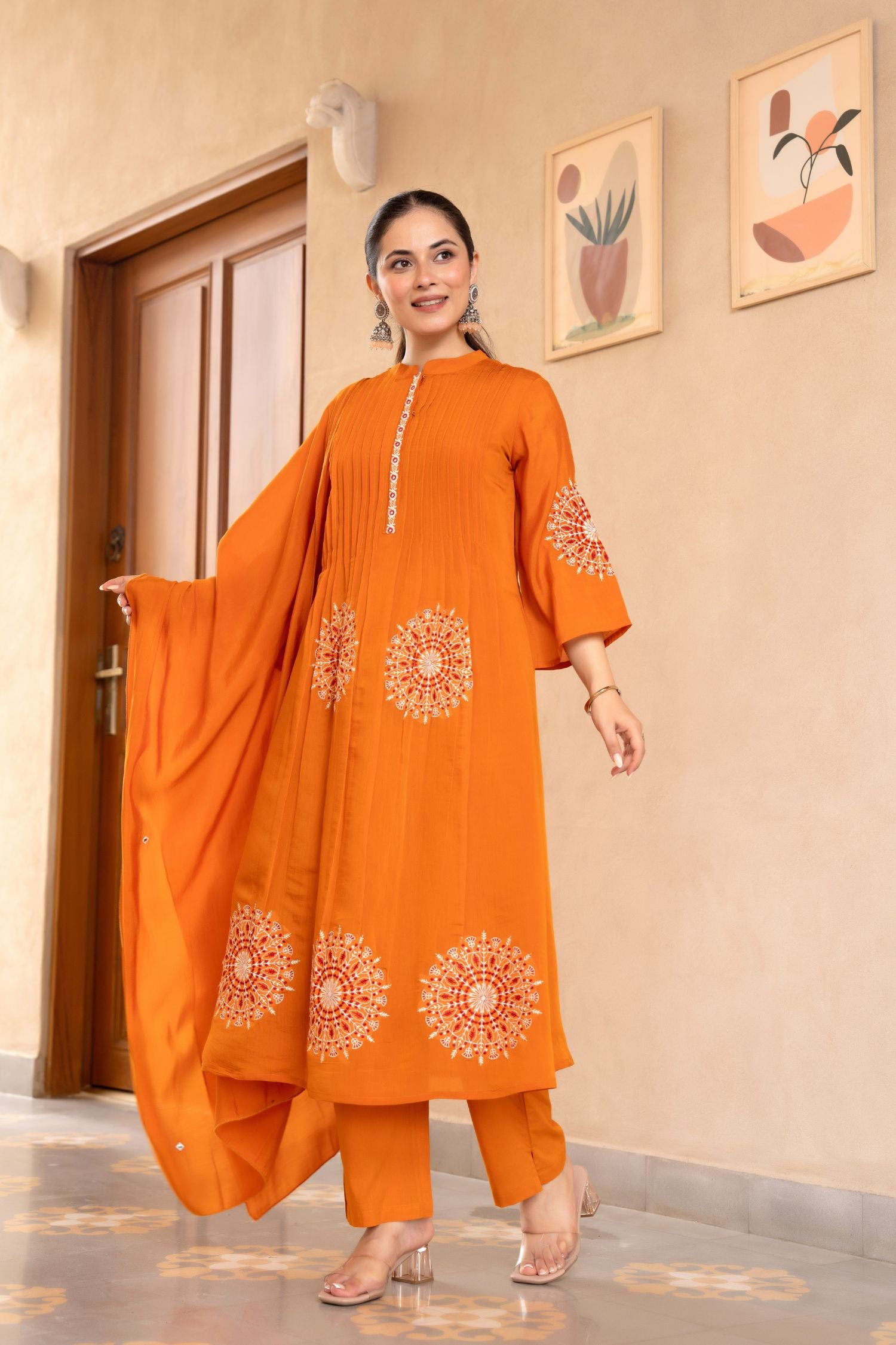 Cotton Three-Piece Ensemble with Elegant Neck Embroidery and Bold Circle Motif